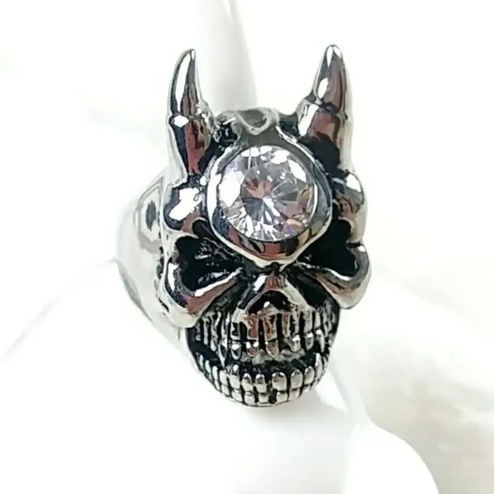 Halloween Devil Skull Biker Ring Gothic Punk Stainless Steel Unisex Ring - Picture 2 of 10